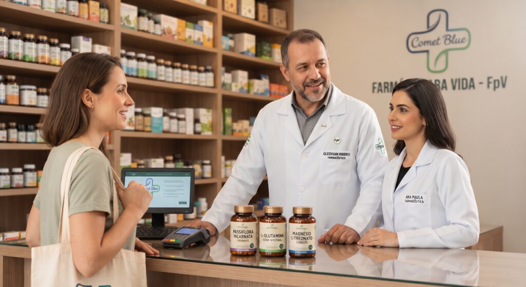 Os farmacêuticos Gleidivan e Ana Paula conversando de forma acolhedora e empática com uma cliente no balcão da Farmácia Para Vida, oferecendo orientação personalizada sobre saúde intestinal e probióticos.