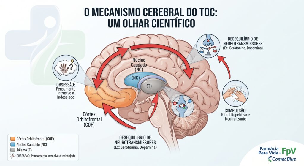 Infográfico científico detalhado da Farmácia Para Vida (FpV) ilustrando o mecanismo cerebral do Transtorno Obsessivo-Compulsivo (TOC). O diagrama mostra um corte transversal do cérebro destacando o circuito fronto-estriatal (córtex orbitofrontal, núcleo caudado e tálamo). Setas indicam o fluxo de informação e o desequilíbrio de neurotransmissores, com ícones representando a 'Obsessão' (pensamento intrusivo) e a 'Compulsão' (ritual repetitivo). O fundo é limpo, com legendas claras e o logotipo da FpV.